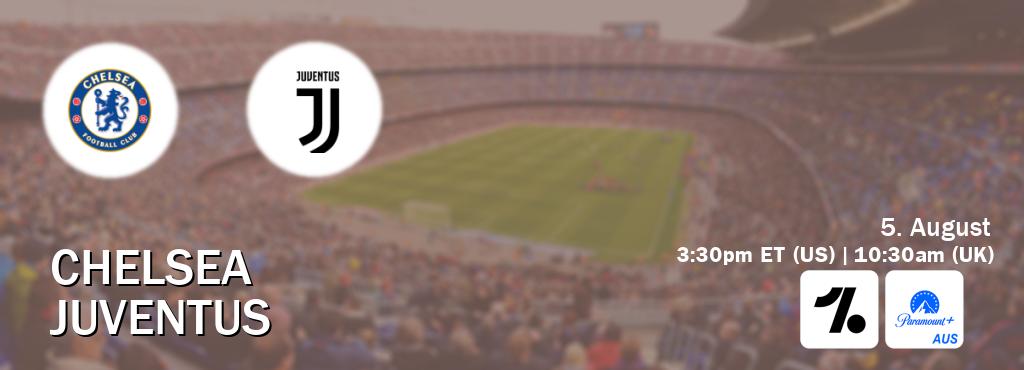 You can watch game live between Chelsea and Juventus on OneFootball and Paramount+ Australia(AU). You can watch game live between Chelsea and Juventus on OneFootball and Paramount+ Australia(AU).
