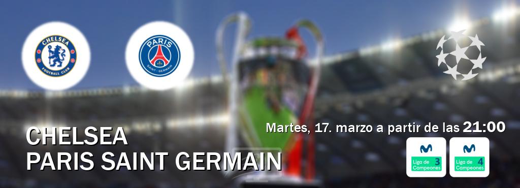 El partido entre Chelsea y Paris Saint Germain será retransmitido por Movistar Liga de Campeones 3 y Movistar Liga de Campeones 4 (martes, 17. marzo a partir de las 21:00). El partido entre Chelsea y Paris Saint Germain será retransmitido por Movistar Liga de Campeones 3 y Movistar Liga de Campeones 4 (martes, 17. marzo a partir de las 21:00).
