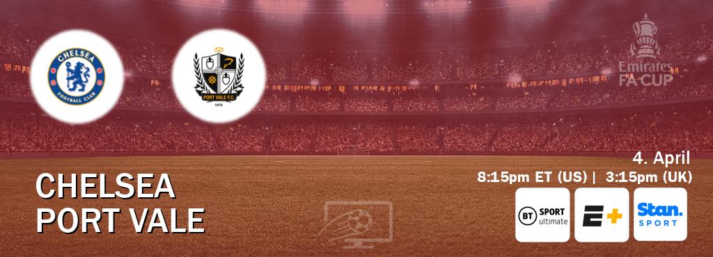 You can watch game live between Chelsea and Port Vale on TNT Sports Ultimate(UK), ESPN+(US), Stan Sport(AU). You can watch game live between Chelsea and Port Vale on TNT Sports Ultimate(UK), ESPN+(US), Stan Sport(AU).