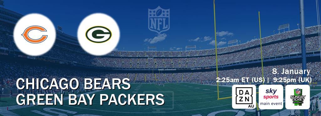You can watch game live between Chicago Bears and Green Bay Packers on DAZN(AU), Sky Sports Main Event(UK), NFL Sunday Ticket(US).