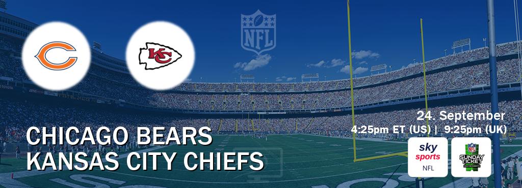 You can watch game live between Chicago Bears and Kansas City Chiefs on Sky Sports NFL(UK) and NFL Sunday Ticket(US).