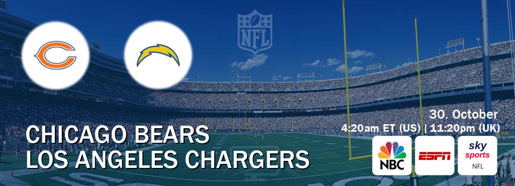 You can watch game live between Chicago Bears and Los Angeles Chargers on NBC(US), ESPN(AU), Sky Sports NFL(UK).