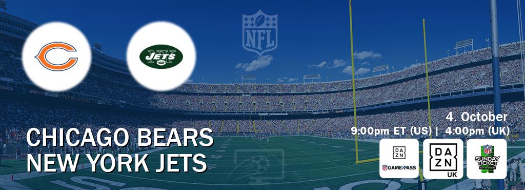 You can watch game live between Chicago Bears and New York Jets on DAZN NFL Game Pass, DAZN UK(UK), NFL Sunday Ticket(US).