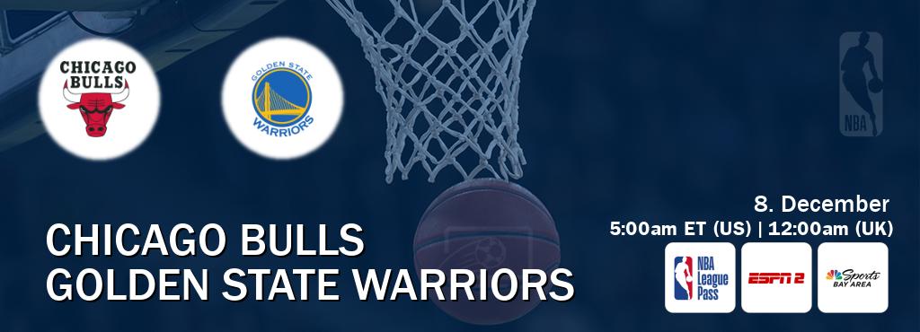 You can watch game live between Chicago Bulls and Golden State Warriors on NBA League Pass, ESPN2(AU), NBCS Bay Area(US).