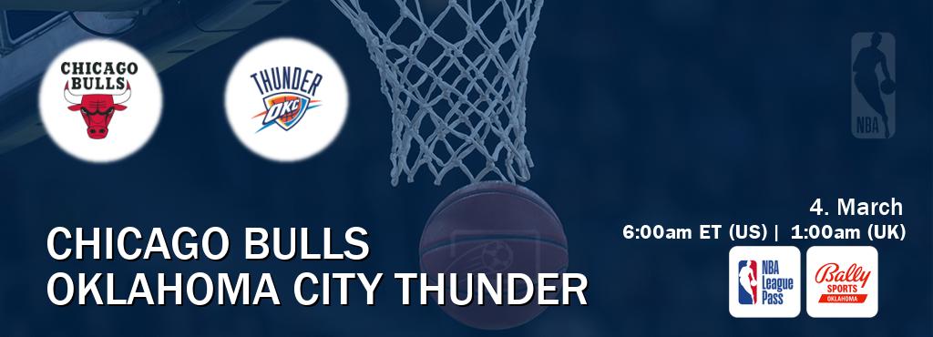 You can watch game live between Chicago Bulls and Oklahoma City Thunder on NBA League Pass and Bally Sports Oklahoma(US).