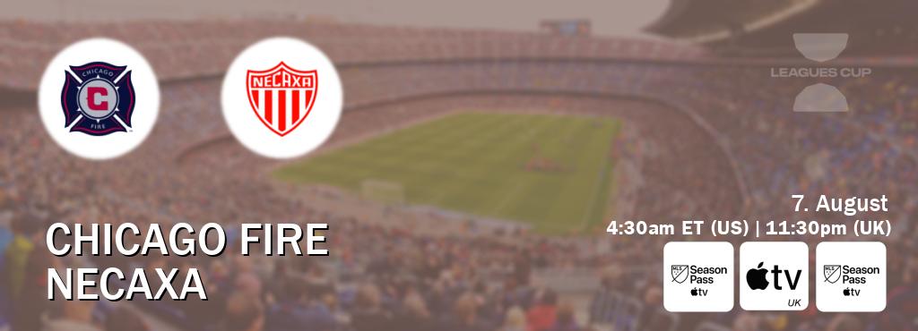 You can watch game live between Chicago Fire and Necaxa on MLS Season Pass, Apple TV(UK), MLS Season Pass(US). You can watch game live between Chicago Fire and Necaxa on MLS Season Pass, Apple TV(UK), MLS Season Pass(US).