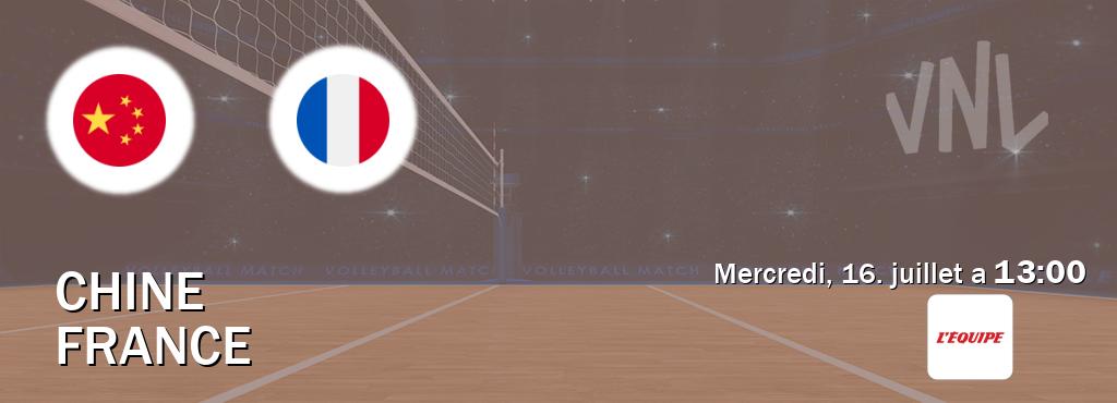 Match entre Chine et France en direct à la L Equipe (mercredi, 16. juillet a  13:00).