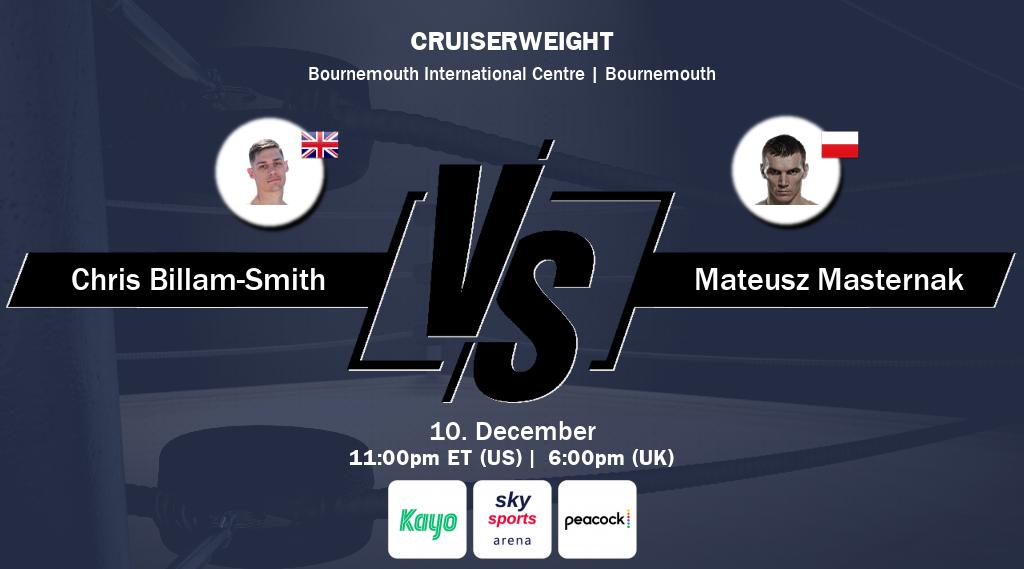 Figth between Chris Billam-Smith and Mateusz Masternak will be shown live on Kayo Sports(AU), Sky Sports Arena(UK), Peacock(US).