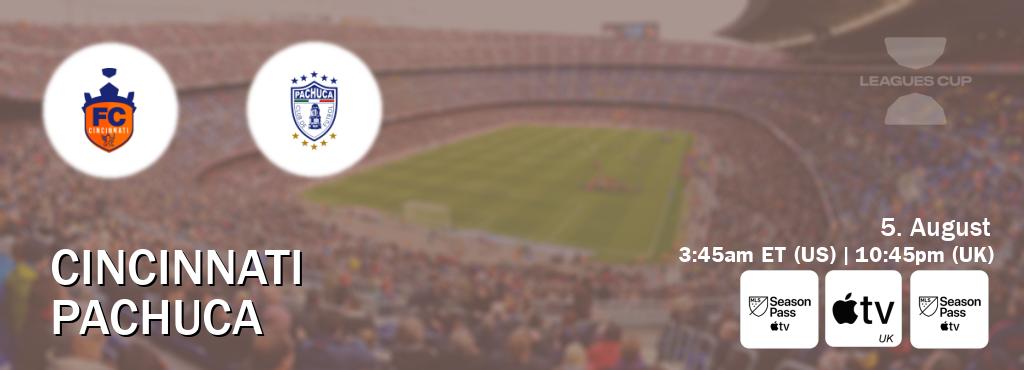 You can watch game live between Cincinnati and Pachuca on MLS Season Pass, Apple TV(UK), MLS Season Pass(US). You can watch game live between Cincinnati and Pachuca on MLS Season Pass, Apple TV(UK), MLS Season Pass(US).