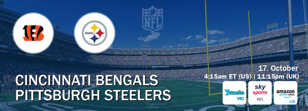 You can watch game live between Cincinnati Bengals and Pittsburgh Steelers on 7Mate Melbourne(AU), Sky Sports NFL(UK), Amazon Prime US(US). You can watch game live between Cincinnati Bengals and Pittsburgh Steelers on 7Mate Melbourne(AU), Sky Sports NFL(UK), Amazon Prime US(US).
