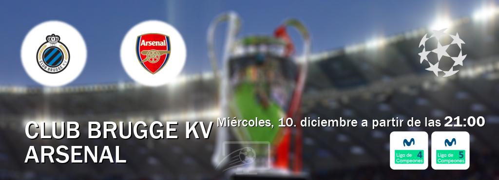 El partido entre Club Brugge KV y Arsenal será retransmitido por Movistar Liga de Campeones 4 y Movistar Liga de Campeones 5 (miércoles, 10. diciembre a partir de las  21:00).
