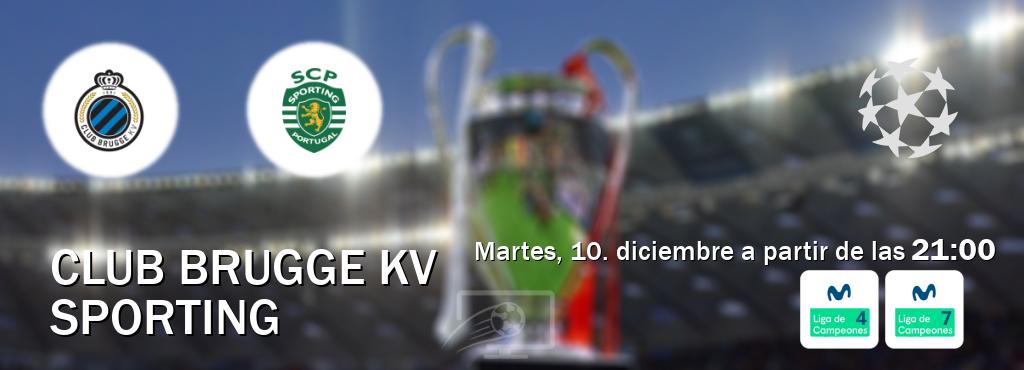 El partido entre Club Brugge KV y Sporting será retransmitido por Movistar Liga de Campeones 4 y Movistar Liga de Campeones 7 (martes, 10. diciembre a partir de las  21:00).