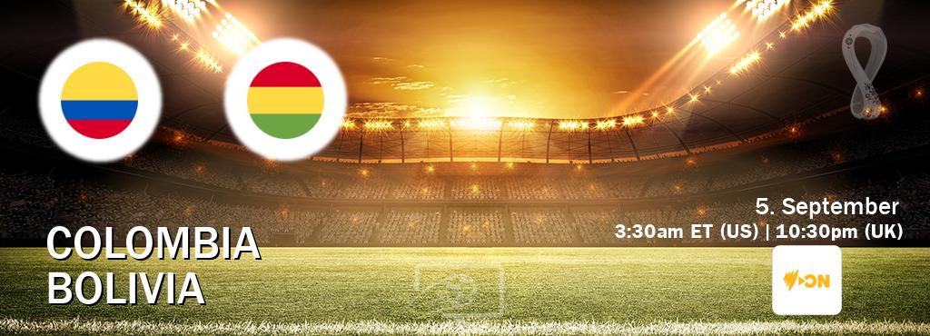 You can watch game live between Colombia and Bolivia on SBS On Demand(AU). You can watch game live between Colombia and Bolivia on SBS On Demand(AU).