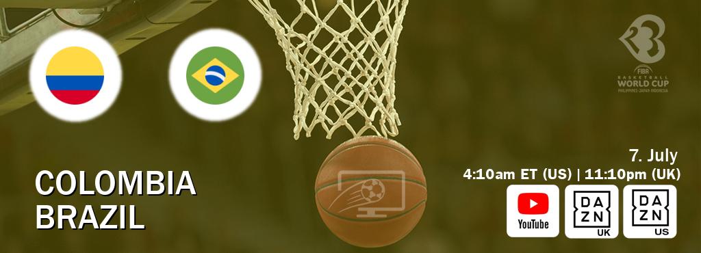 You can watch game live between Colombia and Brazil on Youtube, DAZN UK(UK), DAZN(US).