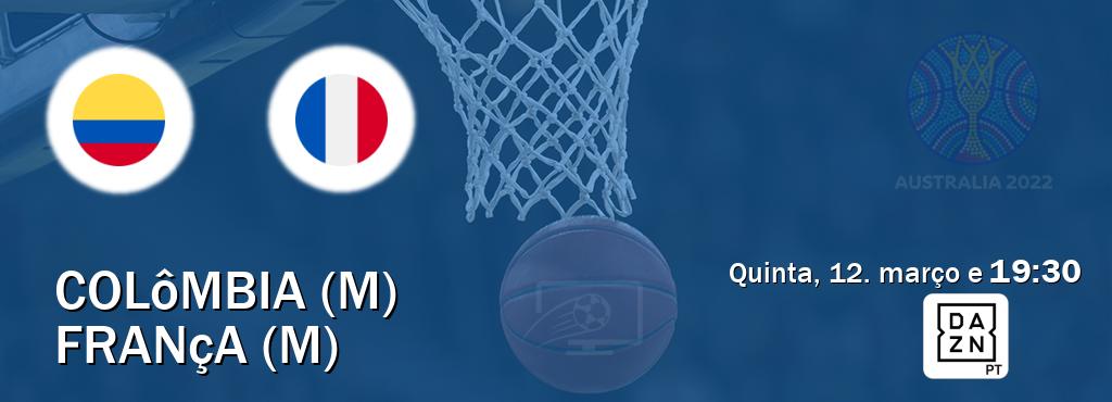 Jogo entre Colômbia (M) e França (M) tem emissão DAZN (quinta, 12. março e  19:30).