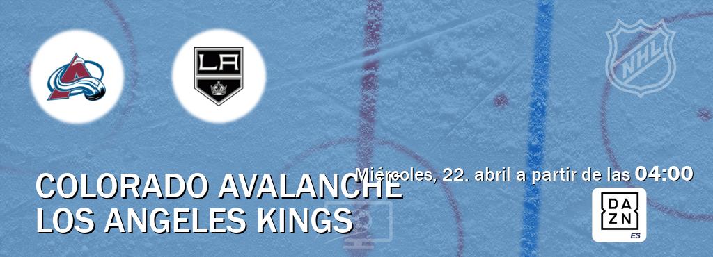 El partido entre Colorado Avalanche y Los Angeles Kings será retransmitido por DAZN España (miércoles, 22. abril a partir de las  04:00).