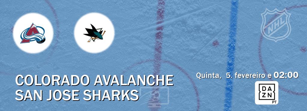 Jogo entre Colorado Avalanche e San Jose Sharks tem emissão DAZN (quinta,  5. fevereiro e  02:00).