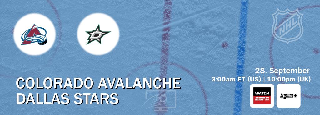 You can watch game live between Colorado Avalanche and Dallas Stars on WatchESPN(AU) and Altitude+(US). You can watch game live between Colorado Avalanche and Dallas Stars on WatchESPN(AU) and Altitude+(US).