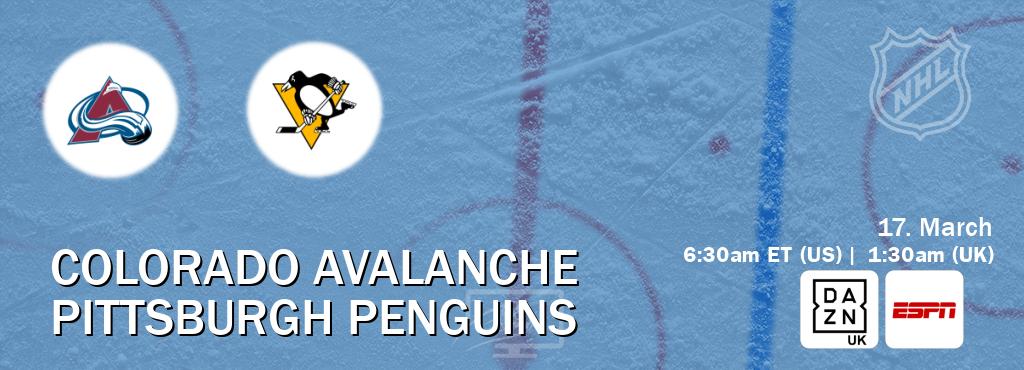 You can watch game live between Colorado Avalanche and Pittsburgh Penguins on DAZN UK(UK) and ESPN(US).