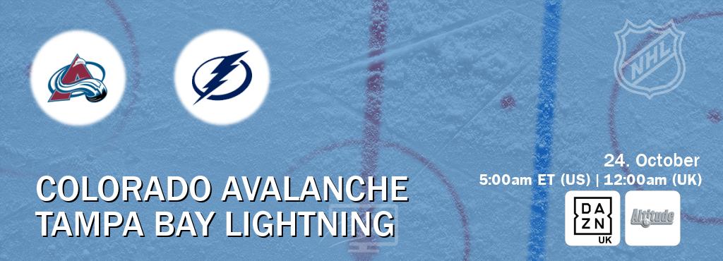 You can watch game live between Colorado Avalanche and Tampa Bay Lightning on DAZN UK(UK) and Altitude(US). You can watch game live between Colorado Avalanche and Tampa Bay Lightning on DAZN UK(UK) and Altitude(US).