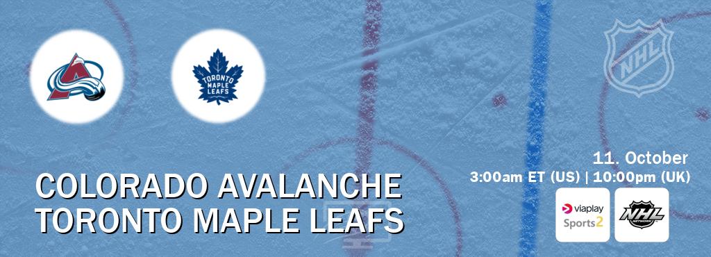You can watch game live between Colorado Avalanche and Toronto Maple Leafs on Viaplay Sports 2(UK) and NHL Network(US). You can watch game live between Colorado Avalanche and Toronto Maple Leafs on Viaplay Sports 2(UK) and NHL Network(US).