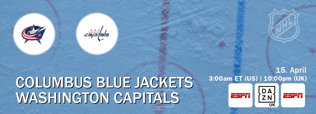 You can watch game live between Columbus Blue Jackets and Washington Capitals on ESPN(AU), DAZN UK(UK), ESPN(US). You can watch game live between Columbus Blue Jackets and Washington Capitals on ESPN(AU), DAZN UK(UK), ESPN(US).
