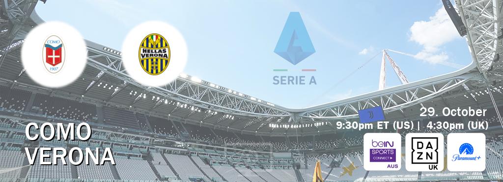 You can watch game live between Como and Verona on beIN Sports Connect(AU), DAZN UK(UK), Paramount+(US). You can watch game live between Como and Verona on beIN Sports Connect(AU), DAZN UK(UK), Paramount+(US).