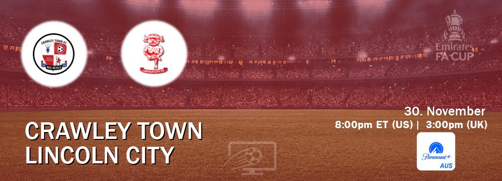 You can watch game live between Crawley Town and Lincoln City on Paramount+ Australia(AU).