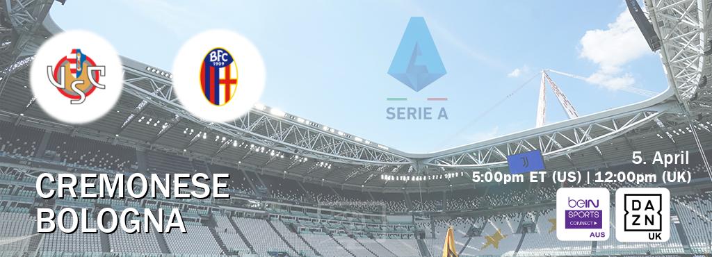 You can watch game live between Cremonese and Bologna on beIN Sports Connect(AU) and DAZN UK(UK).