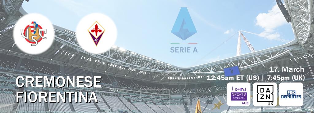 You can watch game live between Cremonese and Fiorentina on beIN Sports Connect(AU), DAZN UK(UK), Fox Deportes(US).