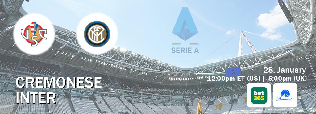 You can watch game live between Cremonese and Inter on bet365 and Paramount+.