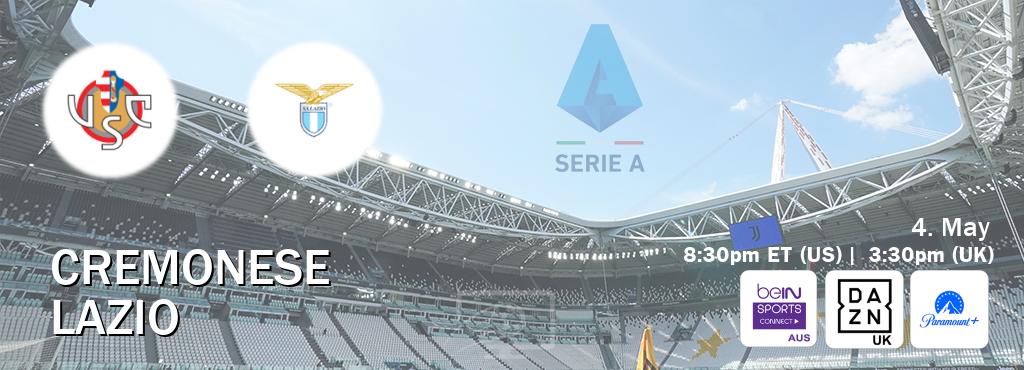 You can watch game live between Cremonese and Lazio on beIN Sports Connect(AU), DAZN UK(UK), Paramount+(US).