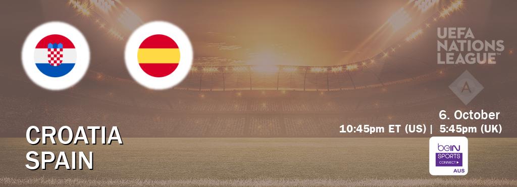 You can watch game live between Croatia and Spain on beIN Sports Connect(AU). You can watch game live between Croatia and Spain on beIN Sports Connect(AU).