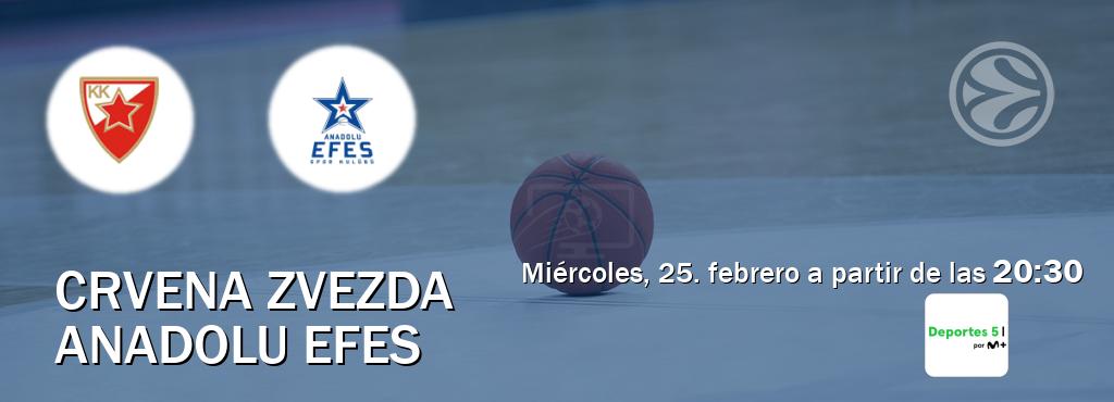 El partido entre Crvena zvezda y Anadolu Efes será retransmitido por Movistar Deportes 5 (miércoles, 25. febrero a partir de las  20:30).