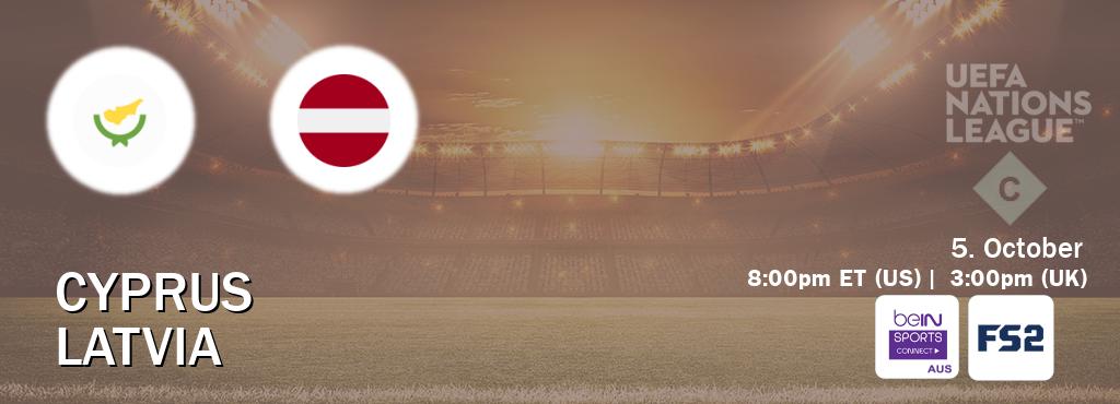 You can watch game live between Cyprus and Latvia on beIN Sports Connect(AU) and FOX Sports 2(US). You can watch game live between Cyprus and Latvia on beIN Sports Connect(AU) and FOX Sports 2(US).