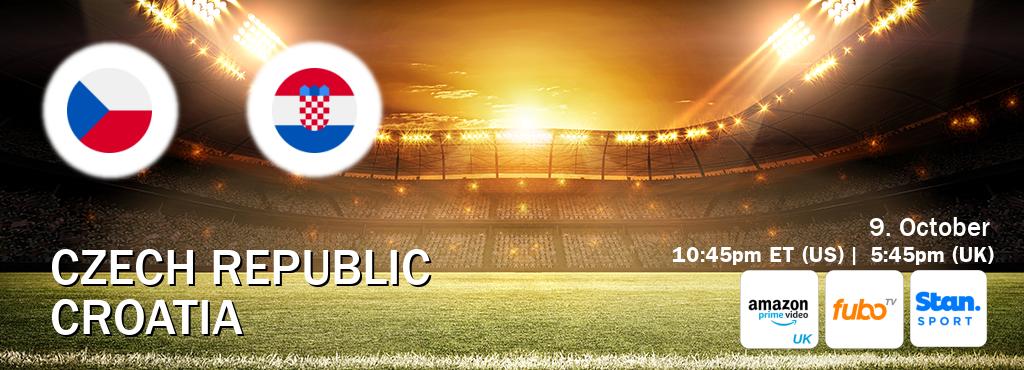 You can watch game live between Czech Republic and Croatia on Amazon Prime Video UK(UK), fuboTV(US), Stan Sport(AU). You can watch game live between Czech Republic and Croatia on Amazon Prime Video UK(UK), fuboTV(US), Stan Sport(AU).