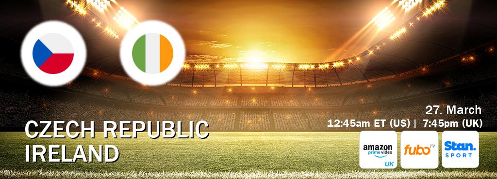 You can watch game live between Czech Republic and Ireland on Amazon Prime Video UK(UK), fuboTV(US), Stan Sport(AU). You can watch game live between Czech Republic and Ireland on Amazon Prime Video UK(UK), fuboTV(US), Stan Sport(AU).