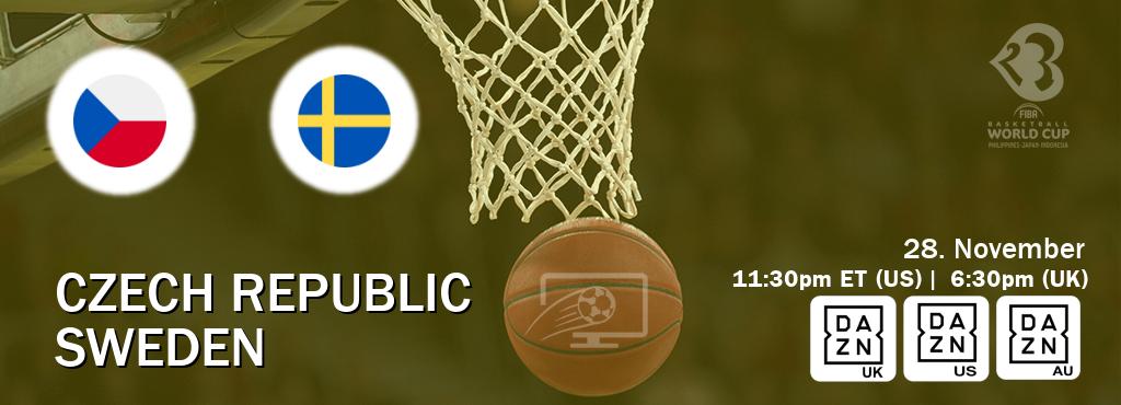 You can watch game live between Czech Republic and Sweden on DAZN UK(UK), DAZN(US), DAZN(AU).