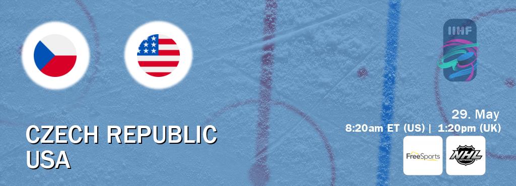 You can watch game live between Czech Republic and USA on FreeSports and NHL Network.
