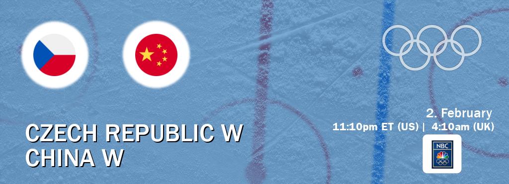 You can watch game live between Czech Republic W and China W on NBC Olympics.