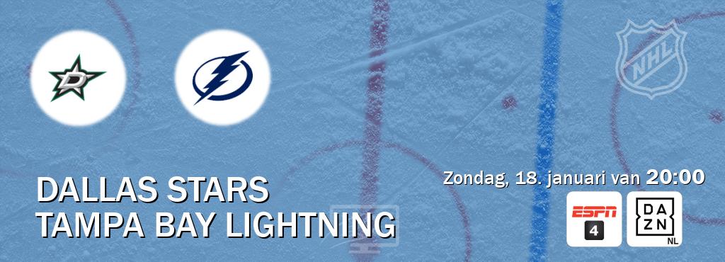 Wedstrijd tussen Dallas Stars en Tampa Bay Lightning live op tv bij ESPN 4, DAZN (zondag, 18. januari van  20:00).