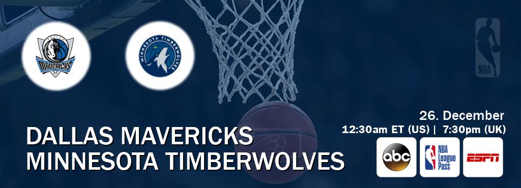 You can watch game live between Dallas Mavericks and Minnesota Timberwolves on ABC(US), NBA League Pass, ESPN(AU).