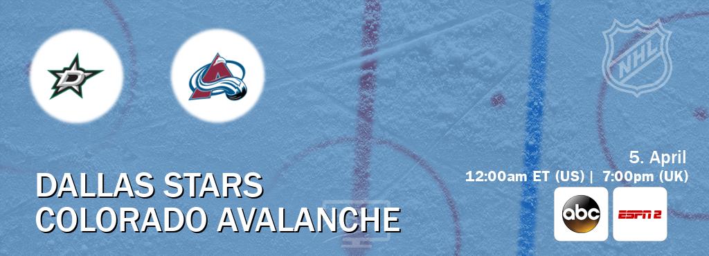 You can watch game live between Dallas Stars and Colorado Avalanche on ABC(US) and ESPN2(AU).