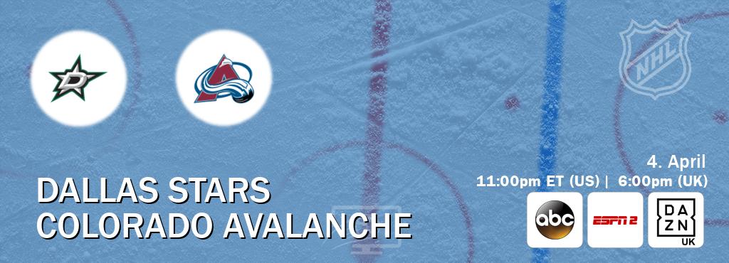You can watch game live between Dallas Stars and Colorado Avalanche on ABC(US), ESPN2(AU), DAZN UK(UK).