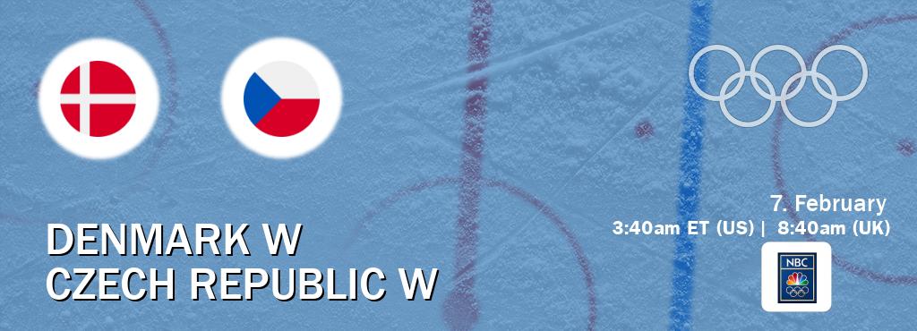 You can watch game live between Denmark W and Czech Republic W on NBC Olympics.