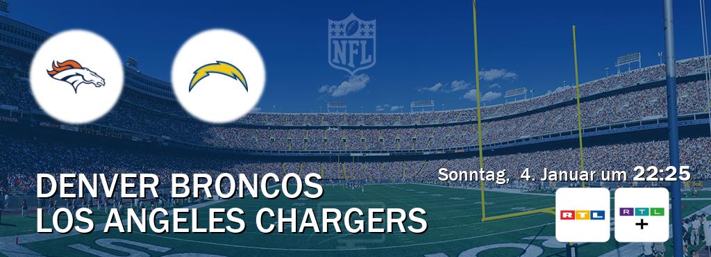Das Spiel zwischen Denver Broncos und Los Angeles Chargers wird am Sonntag, 4. Januar um 22:25, live vom RTL und RTL+ übertragen. Das Spiel zwischen Denver Broncos und Los Angeles Chargers wird am Sonntag, 4. Januar um 22:25, live vom RTL und RTL+ übertragen.
