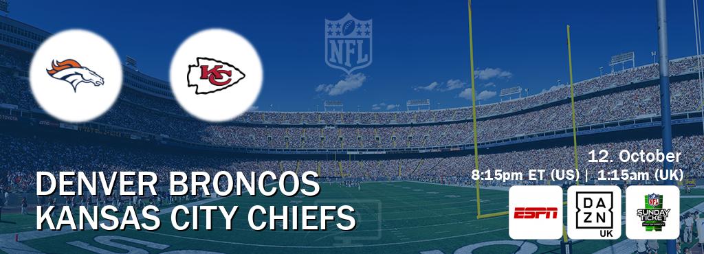 You can watch game live between Denver Broncos and Kansas City Chiefs on ESPN(AU), DAZN UK(UK), NFL Sunday Ticket(US).