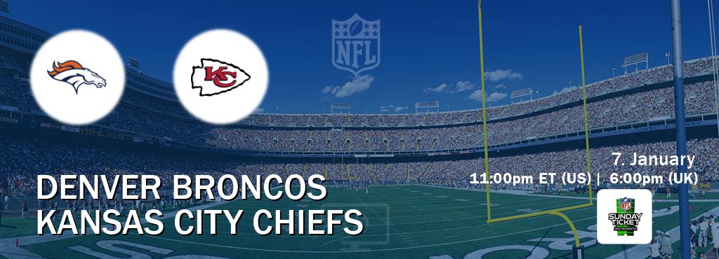 You can watch game live between Denver Broncos and Kansas City Chiefs on NFL Sunday Ticket(US).