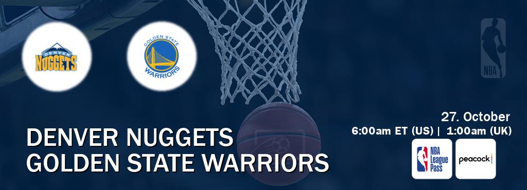 You can watch game live between Denver Nuggets and Golden State Warriors on NBA League Pass and Peacock(US). You can watch game live between Denver Nuggets and Golden State Warriors on NBA League Pass and Peacock(US).
