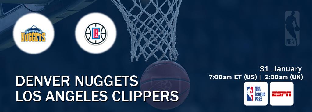You can watch game live between Denver Nuggets and Los Angeles Clippers on NBA League Pass and ESPN(US). You can watch game live between Denver Nuggets and Los Angeles Clippers on NBA League Pass and ESPN(US).
